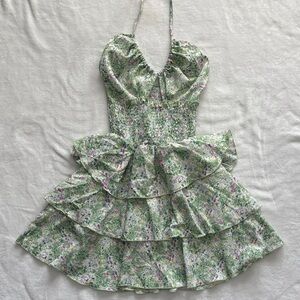 Floral Green Purple Spring Tiered Ruffle Mini Dress XXS Bohemian Fairy